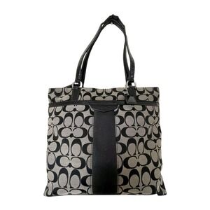 COACH Vintage Black Signature Stripe‎ Canvas Tote F28504 Leather Strap